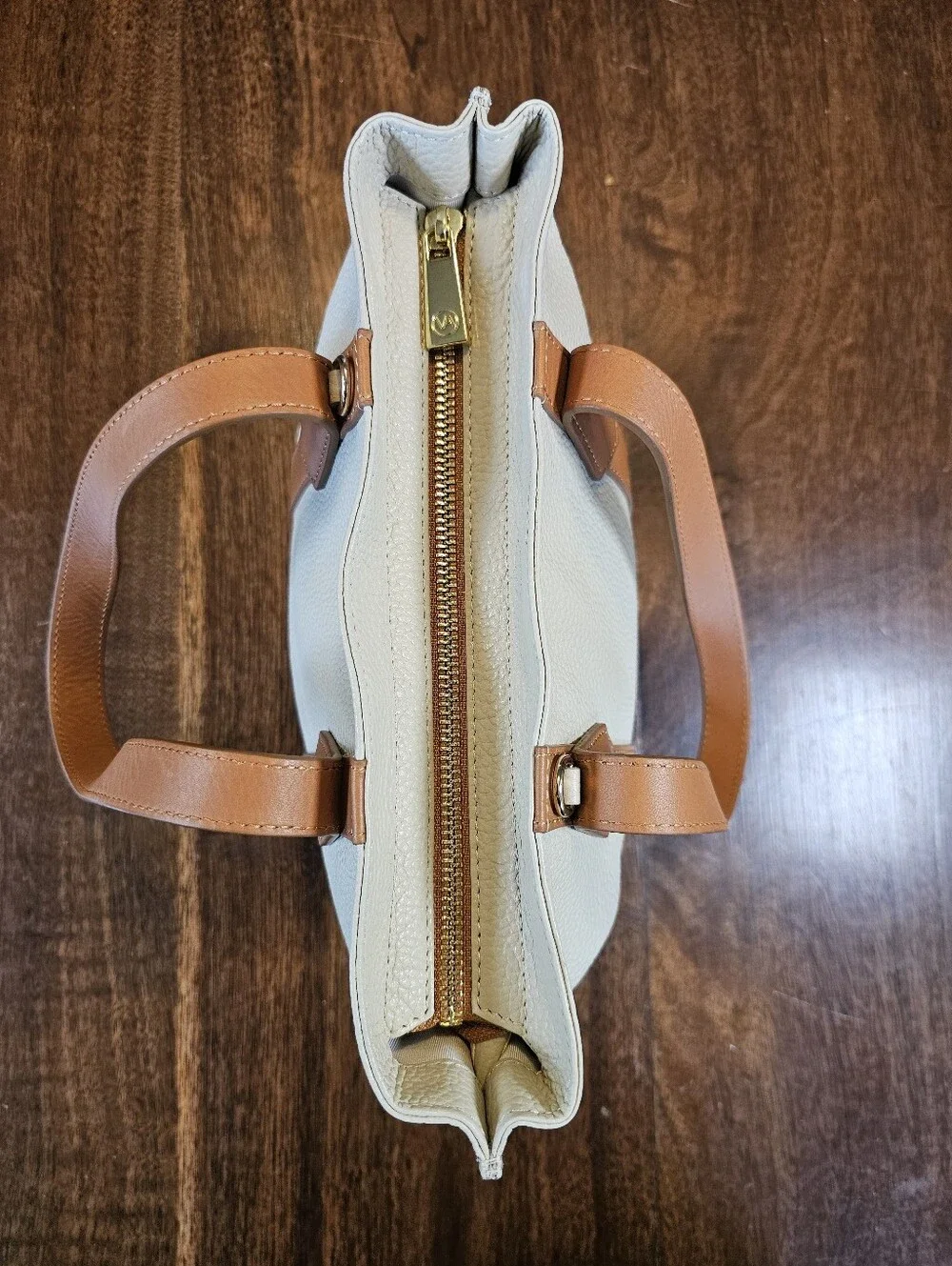 VALENTINA Italy Cream Pebbled Leather Tote Bag with Tan Straps